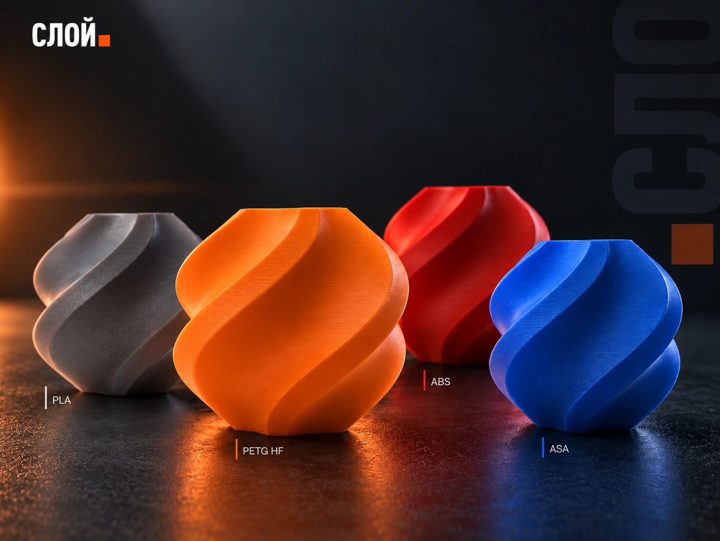 Базовые филаменты для 3D-печати: PLA, PETG HF, ABS и ASA